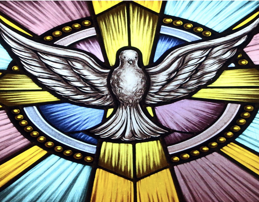 Un vitrail sur le thème de la Philosophie, mettant en valeur une colombe au centre.