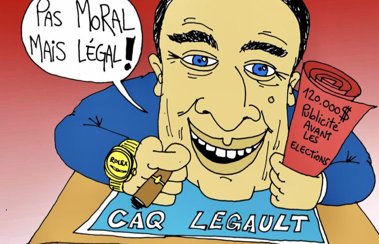 Caricature d'un homme, Legault, tenant une boîte de cigares.
