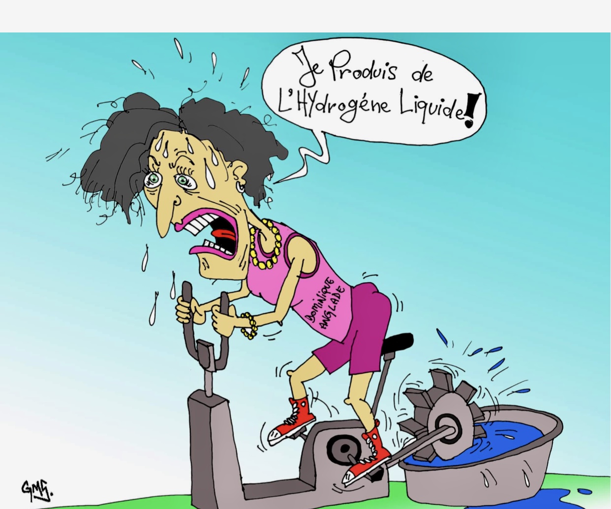 Caricature d’une femme faisant du vélo d’exercice.