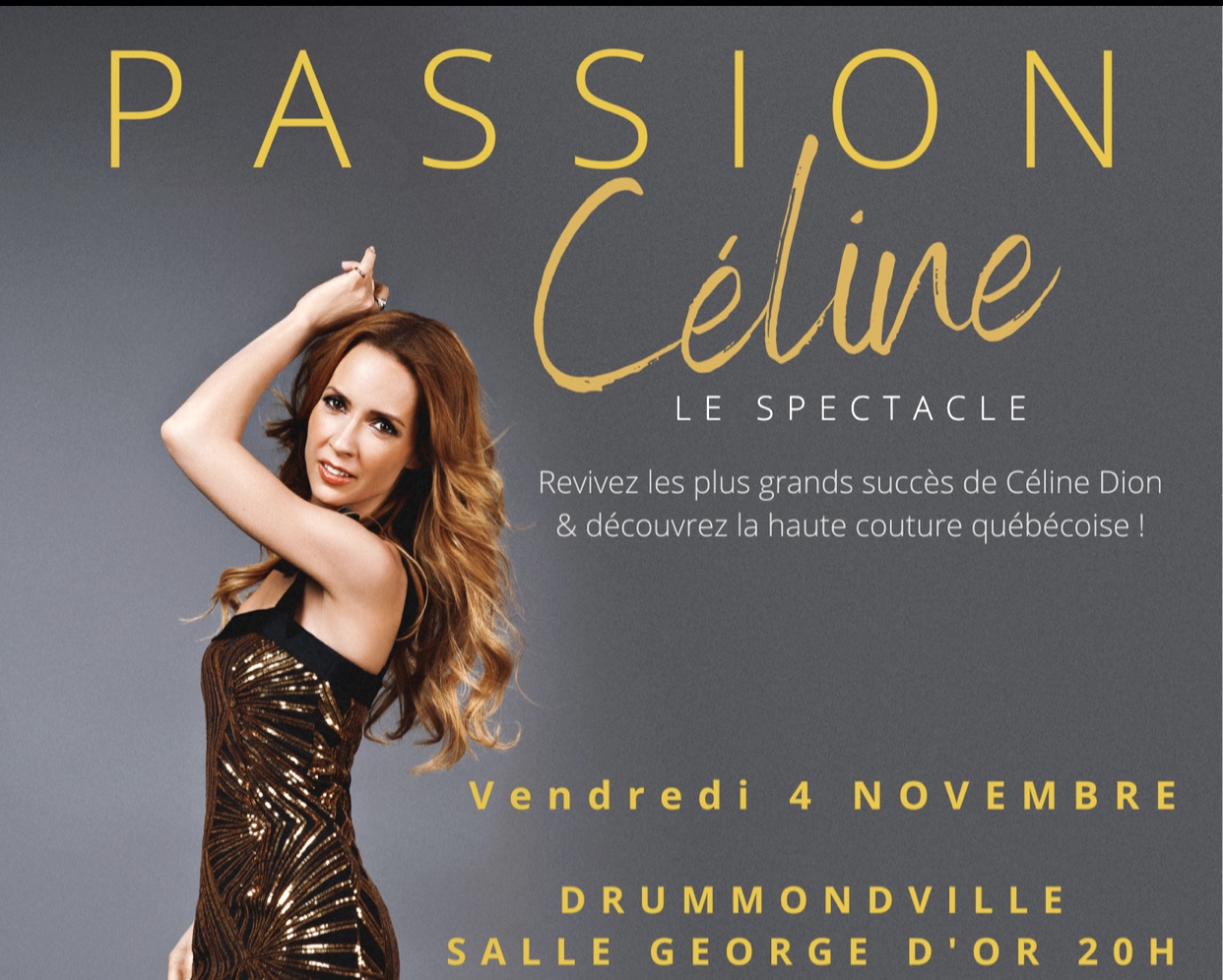 Une affiche pour Passion Céline, mettant en scène une femme vêtue d'une robe dorée mettant en valeur sa passion et son élégance.