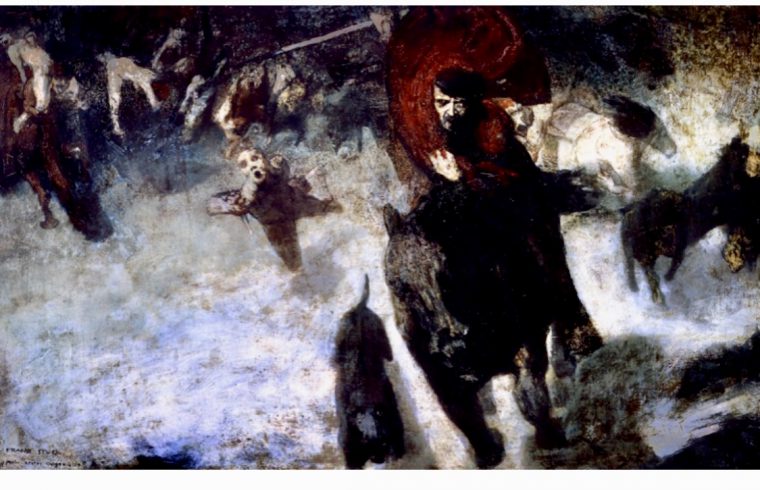 Une peinture philosophique représentant un homme montant à cheval dans la neige.