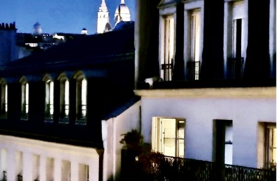 Une vue depuis le balcon d'un immeuble à Paris, révélant l'ambiance politique de la ville.