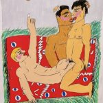 Une charmante exposition à Paris présentant un joli dessin d'un homme et d'une femme se prélassant paisiblement sur une couverture douillette.