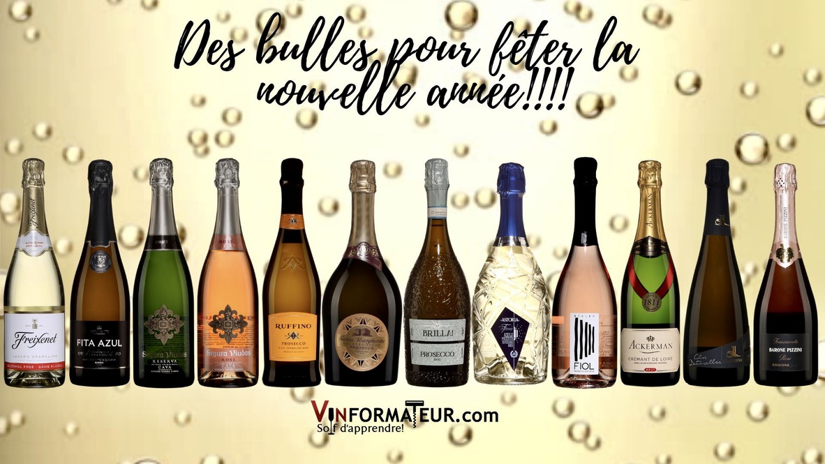 Un groupe de bouteilles de champagne avec les mots « deux bulles pour l'une et l'autre » pour célébrer la nouvelle année.