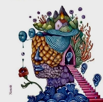 Couverture d'un livre avec le dessin d'une tête ornée d'une fleur, illustrant la fusion de la littérature et de l'art.