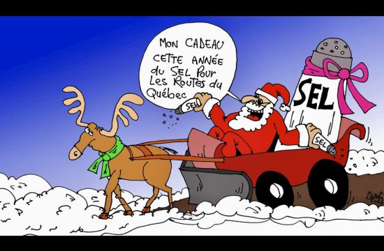 Père Noël et rennes dans un traîneau caricatural.