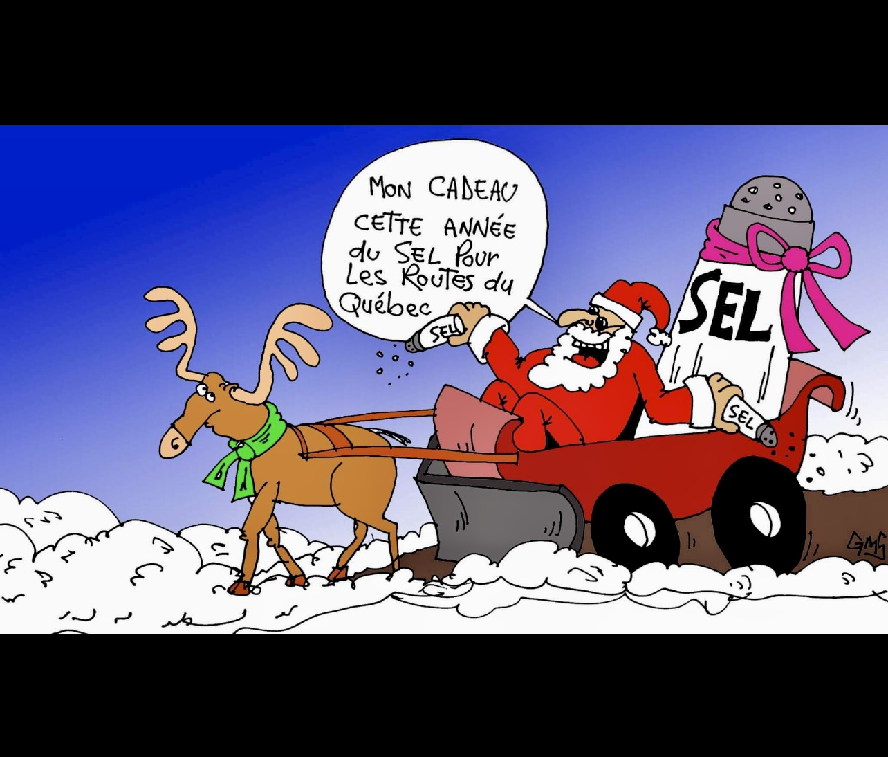 Père Noël et rennes dans un traîneau caricatural.