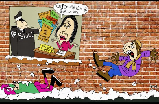 Caricature d'une femme tombant d'un mur de briques en s'exclamant "Pas $ pour le sel !