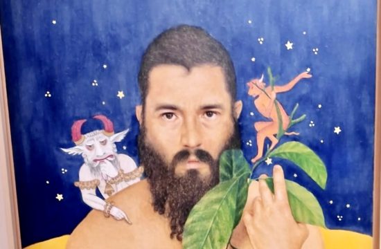 Une peinture représentant un homme barbu tenant une plante. Présenté à l'Exposition à Paris.