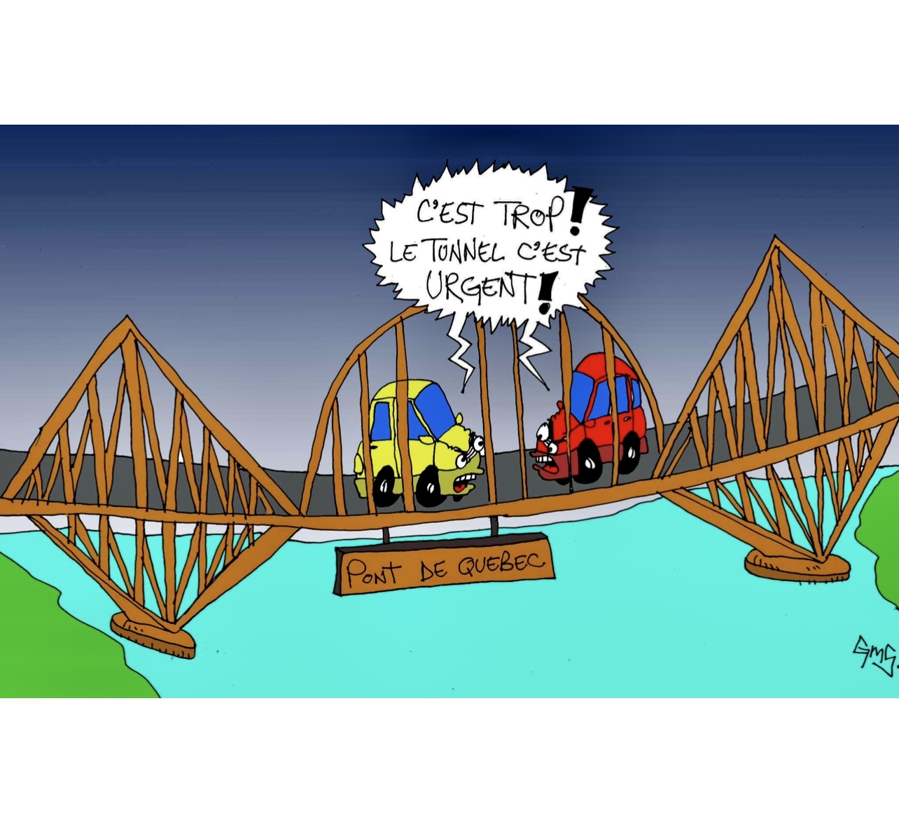 Une caricature de deux voitures traversant un pont.