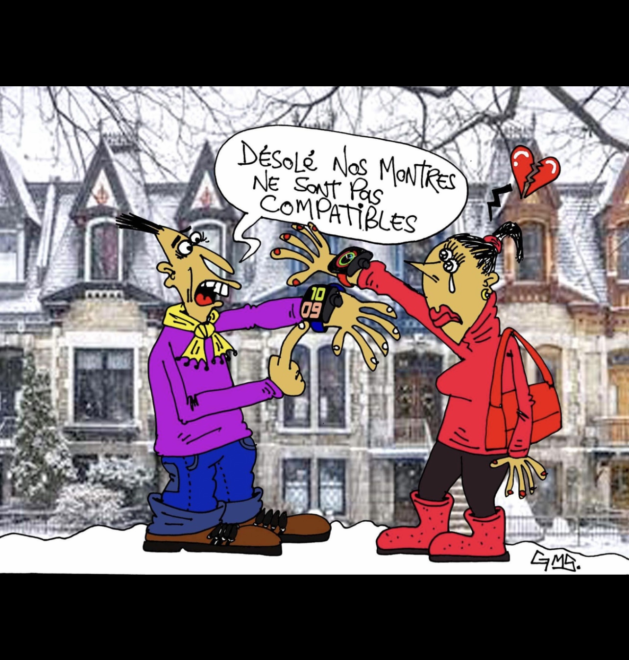 Caricature de deux personnes discutant devant un immeuble.