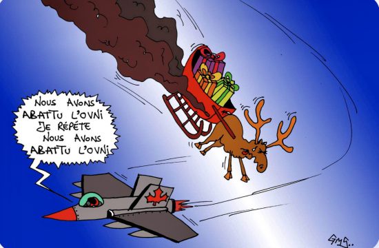 Une caricature d'un père Noël survolant un avion.