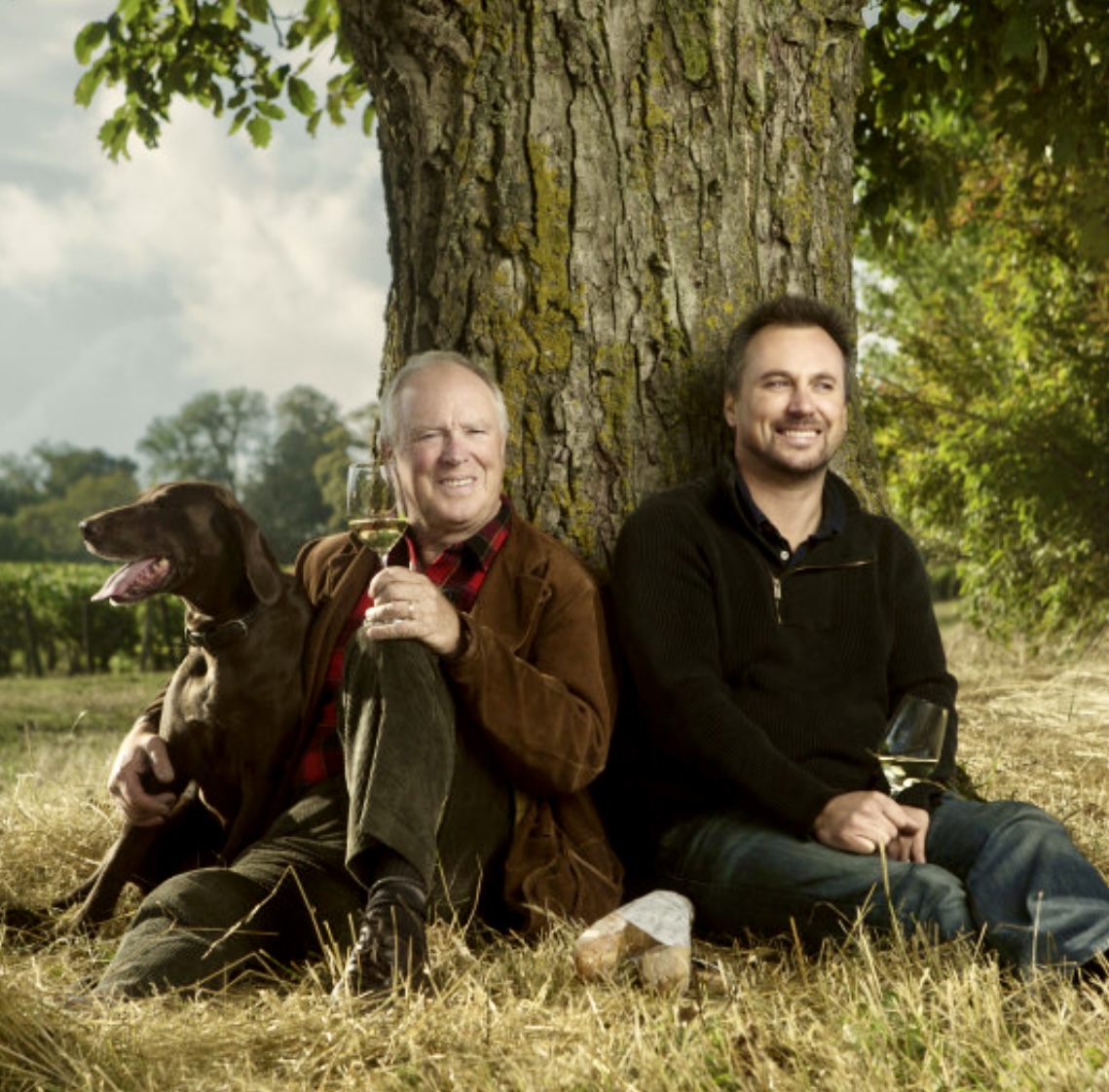 Deux hommes assis sous un arbre avec un chien, dégustant un verre de Chablis bien frais de Jean-Marc Brocard.