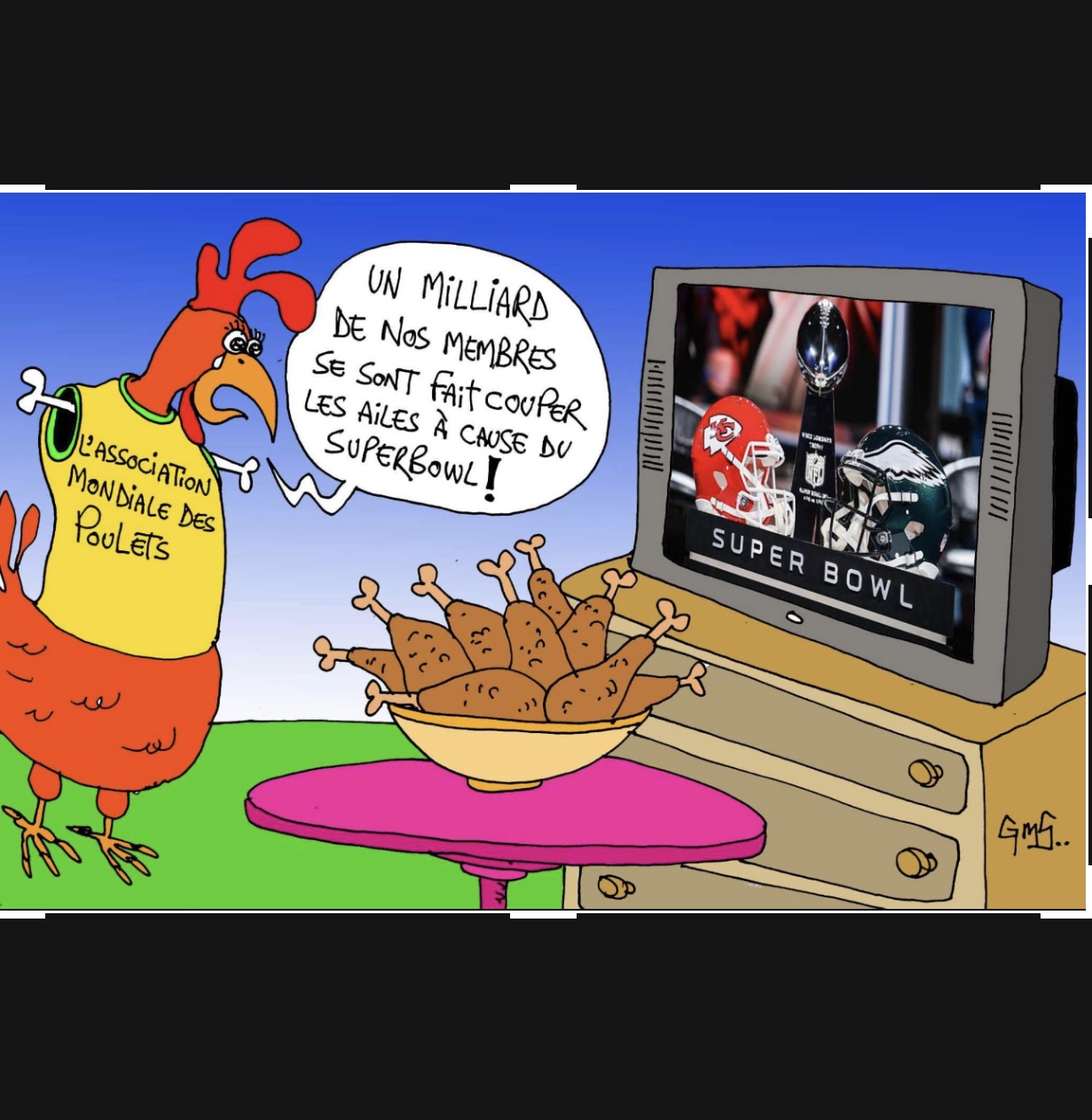 Une caricature d’un poulet absorbé par la télévision.