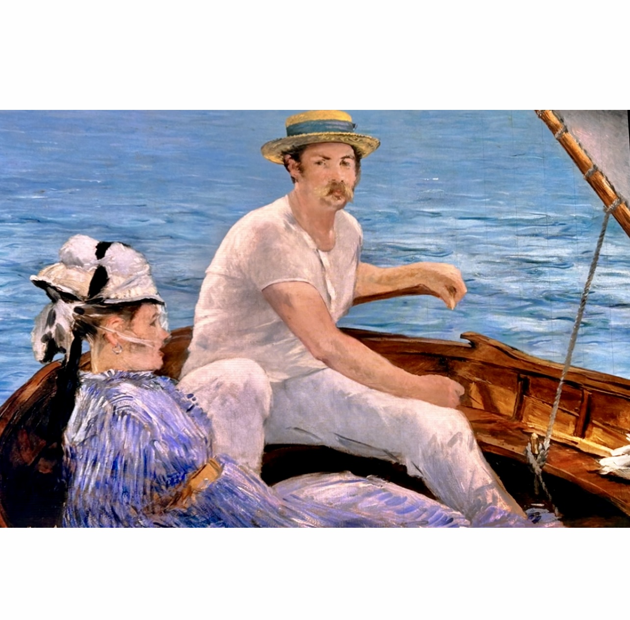 Un tableau des impressionnistes représentant un homme et une femme ramant paisiblement dans un bateau.