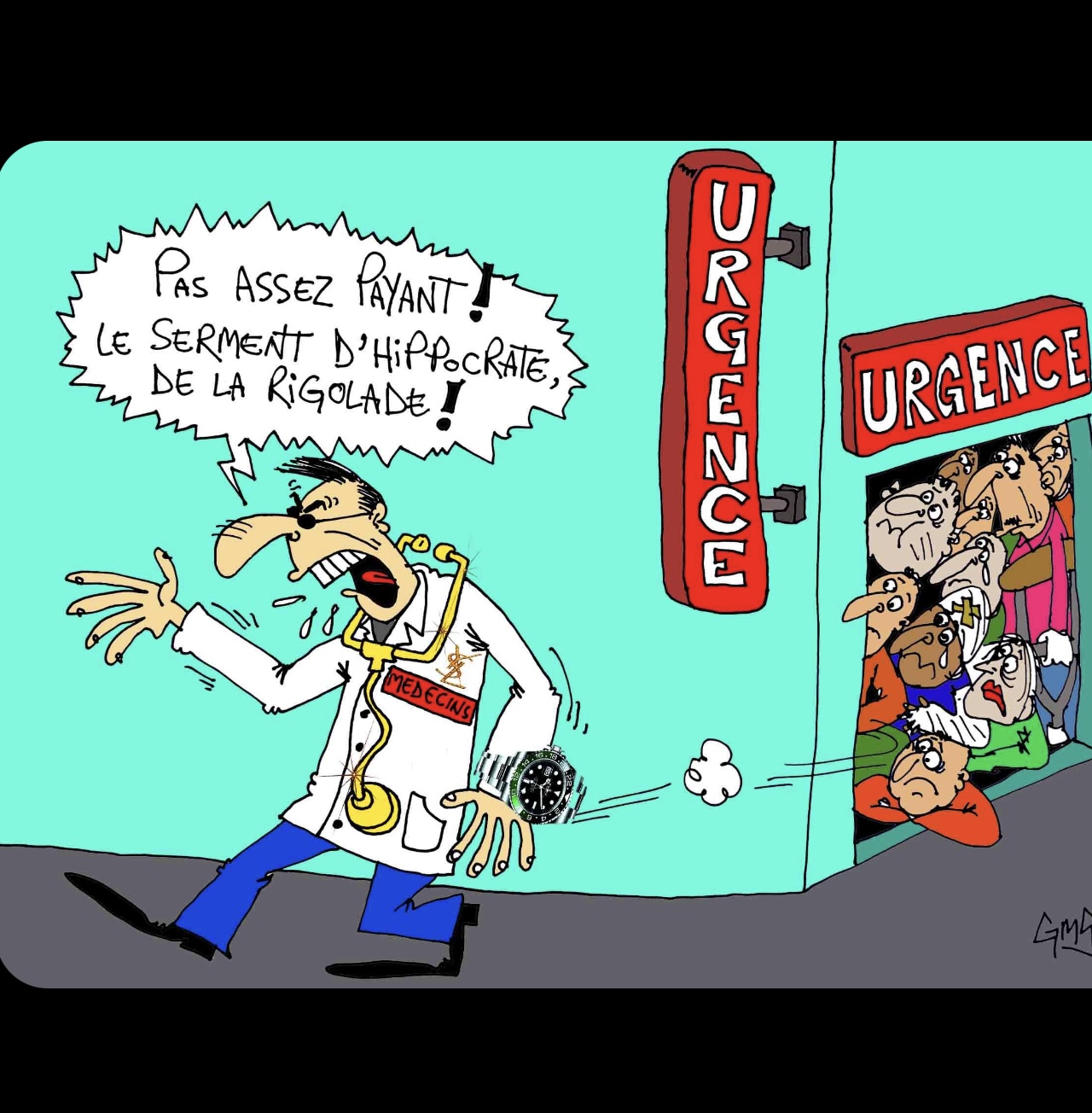 Caricature d’un médecin effectuant un triage devant un hôpital.