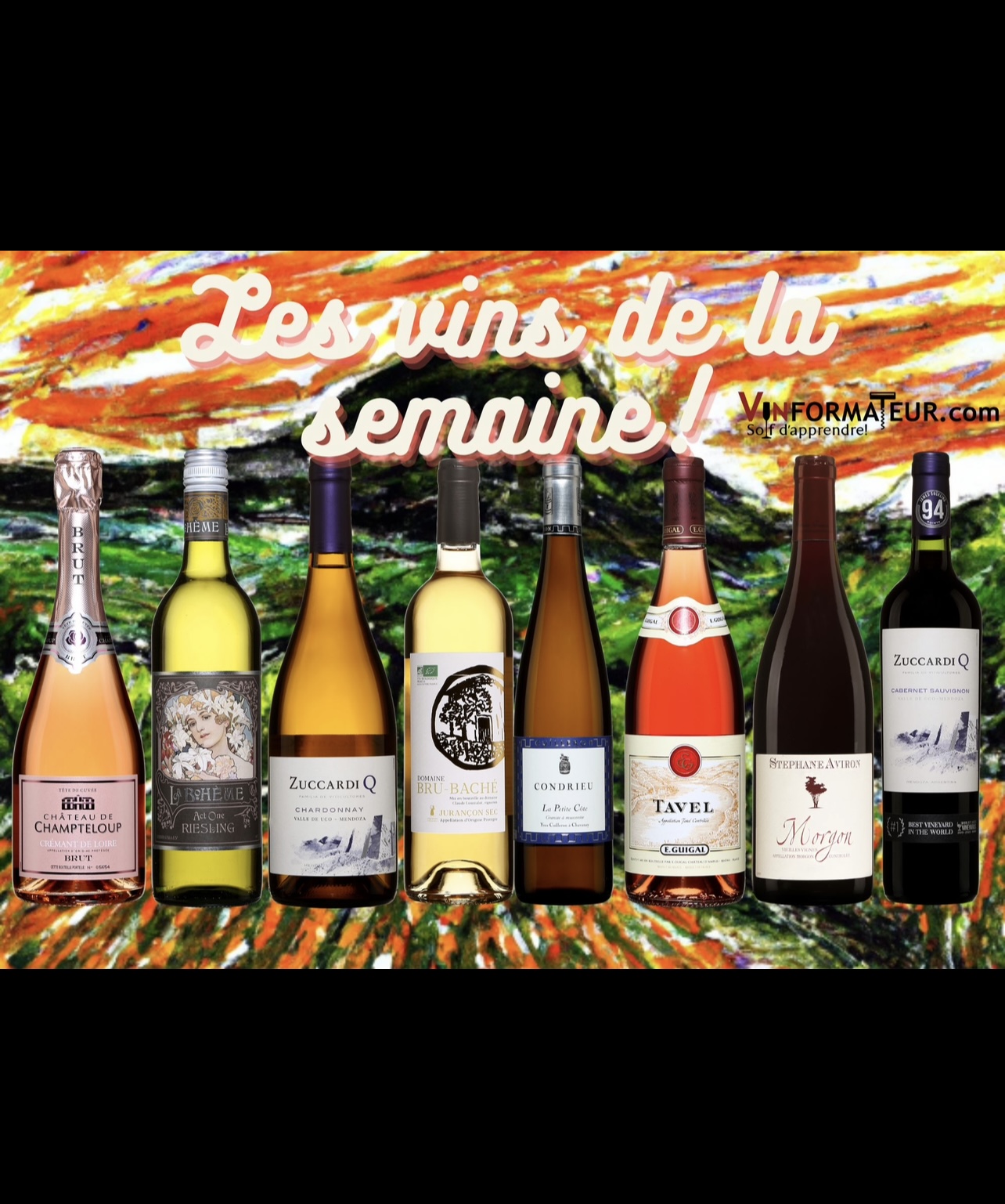 Un tableau présentant un groupe de bouteilles de vin, mettant en valeur la sélection exquise des Vins de la semaine du 15 avril 2023.