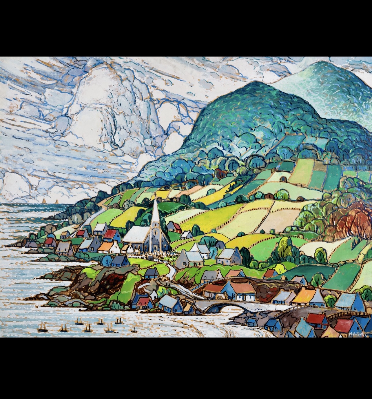 Un tableau représentant un village près de l'océan exposé à la Galerie Heffel.