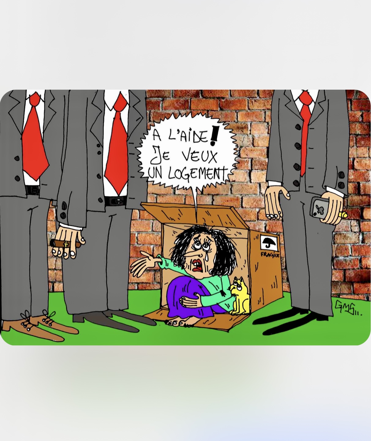 Caricature représentant une femme dans une boîte, criant désespérément "À l'aide ! Je veux un logement !" tandis qu'un homme en costume se tient à proximité.