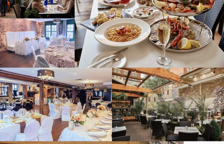 Un Steakhouse du Vieux-Port, une institution, un collage mettant en valeur l'ambiance invitante avec tables et chaises.