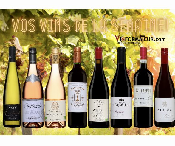 Un groupe de bouteilles de vin présentant les Vins de la semaine du 3 juin 2023 devant un arbre.