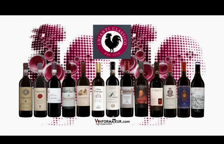 Un groupe de bouteilles de vin Les vins de Chianti sur fond rouge.