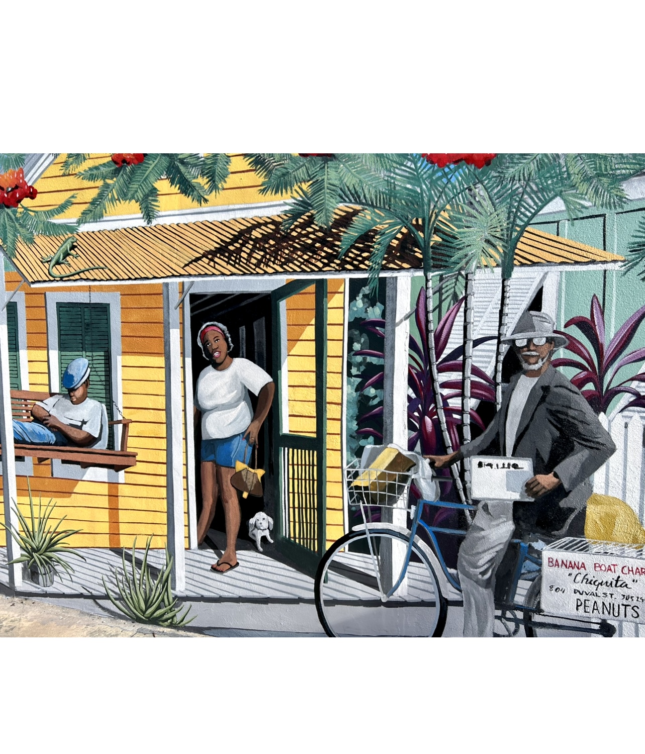 Une peinture vibrante représentant un homme à vélo devant une maison jaune.