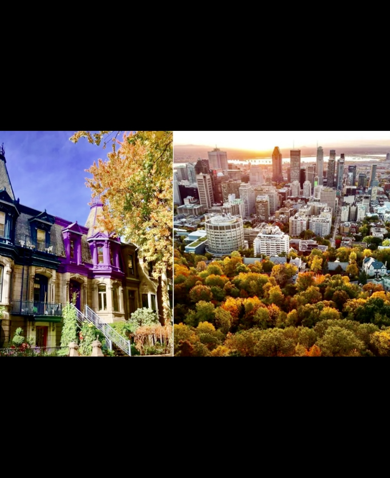 Deux photos d'une ville avec des arbres et un horizon urbain prises lors de l'Escale à Montréal par Ulysse.