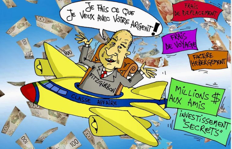 Une caricature d'un homme volant dans un avion plein d'argent nommé "Votre argent mon argent !