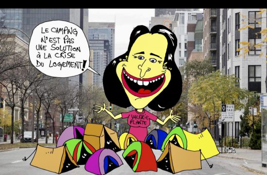 Une caricature d'une femme assise sur une pile de papiers, profitant d'un camping au centre-ville !