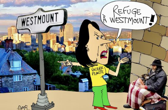 Une caricature d'une femme debout à côté d'un panneau indiquant Refuge à Westmount !