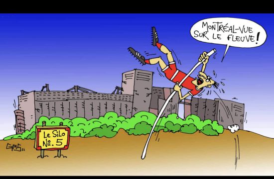 Une caricature d'un homme sautant par-dessus un château à Montréal, avec une vue imprenable sur le Fleuve !