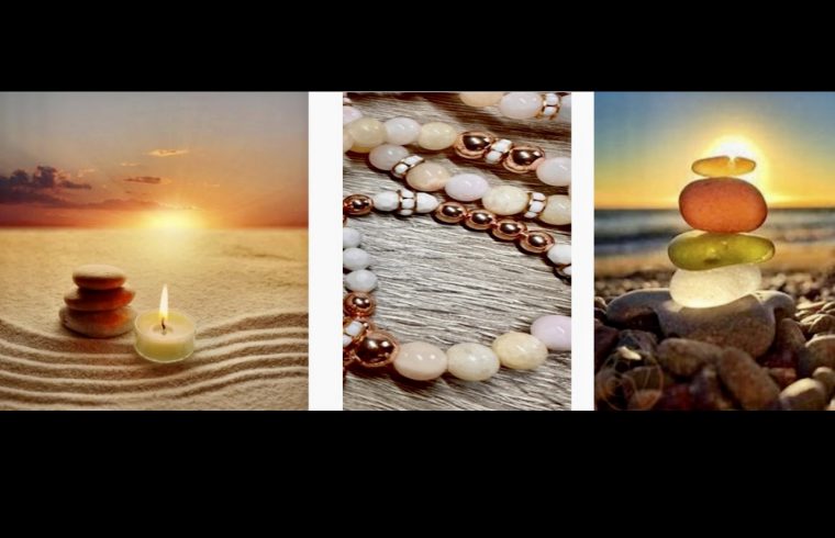 Quatre photos d'une scène de plage avec des pierres et une bougie, mettant en valeur la beauté harmonieuse du jade.