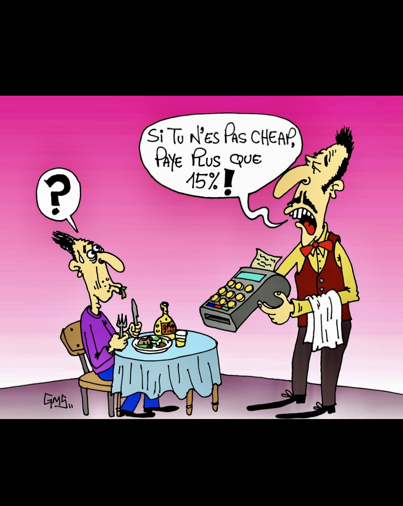 Une caricature d'un homme et d'une femme dans un restaurant, discutant de leur facture et réalisant qu'ils doivent payer plus de 15 % !