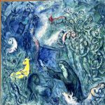 Une peinture de Chagall représentant un homme et une femme dans une forêt.