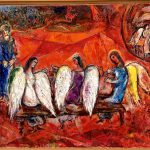 Un tableau de Chagall représentant des anges assis sur un banc rouge au coeur de Nice.