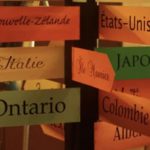 Un ensemble de panneaux en bois pointant vers différents pays, démontrant le rayonnement international de Poésie à Trois-Rivières.