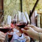 Un groupe de personnes trinquant des verres à vin au Salon des vins d'importation privée, une table extérieure.