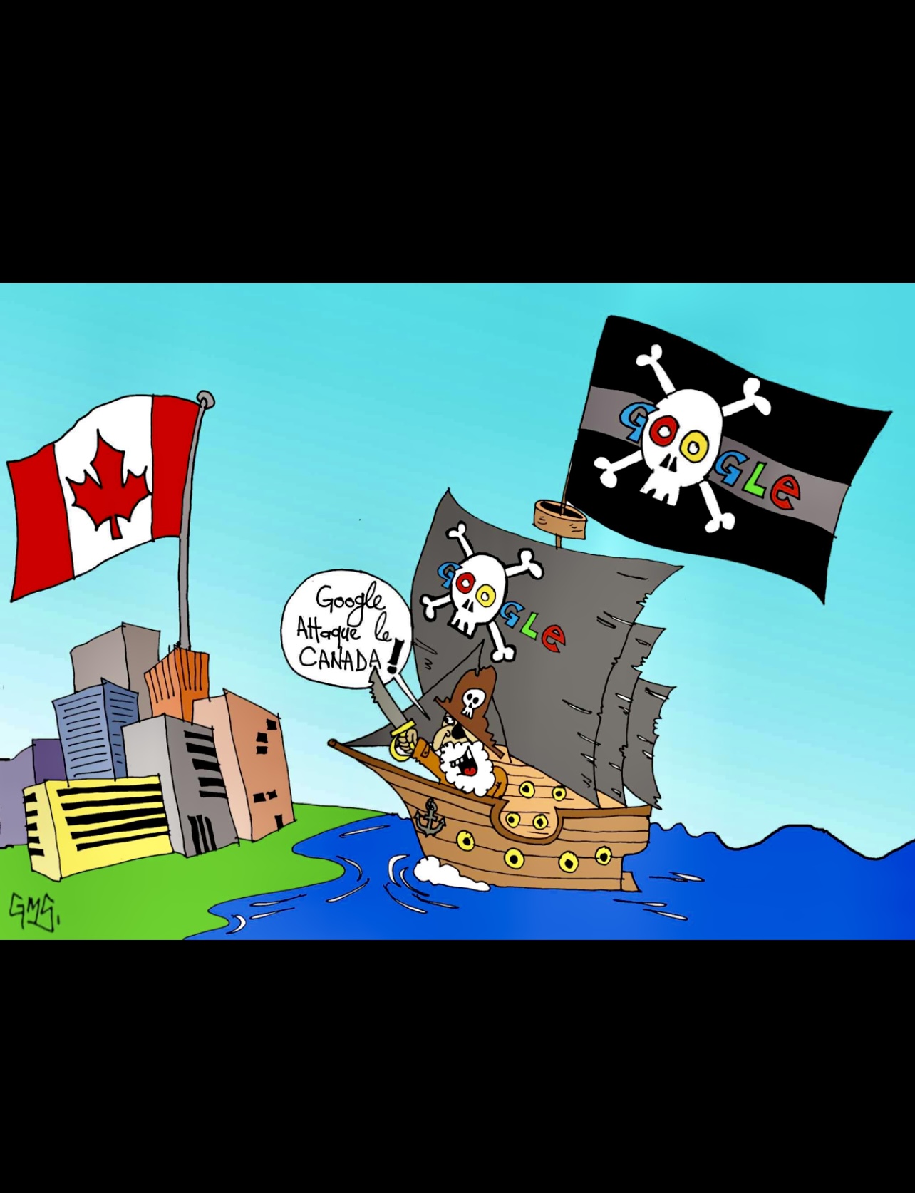 Une caricature d’un bateau pirate sur lequel figure un drapeau canadien.