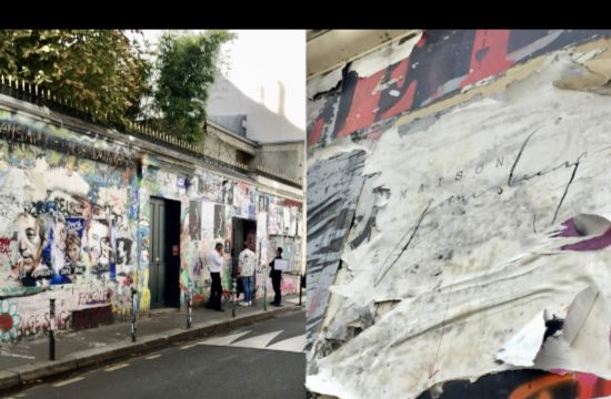 Deux photos d'une rue avec des graffitis, comportant le tag emblématique "Le feu Gainsbarre" de Gainsbourg.