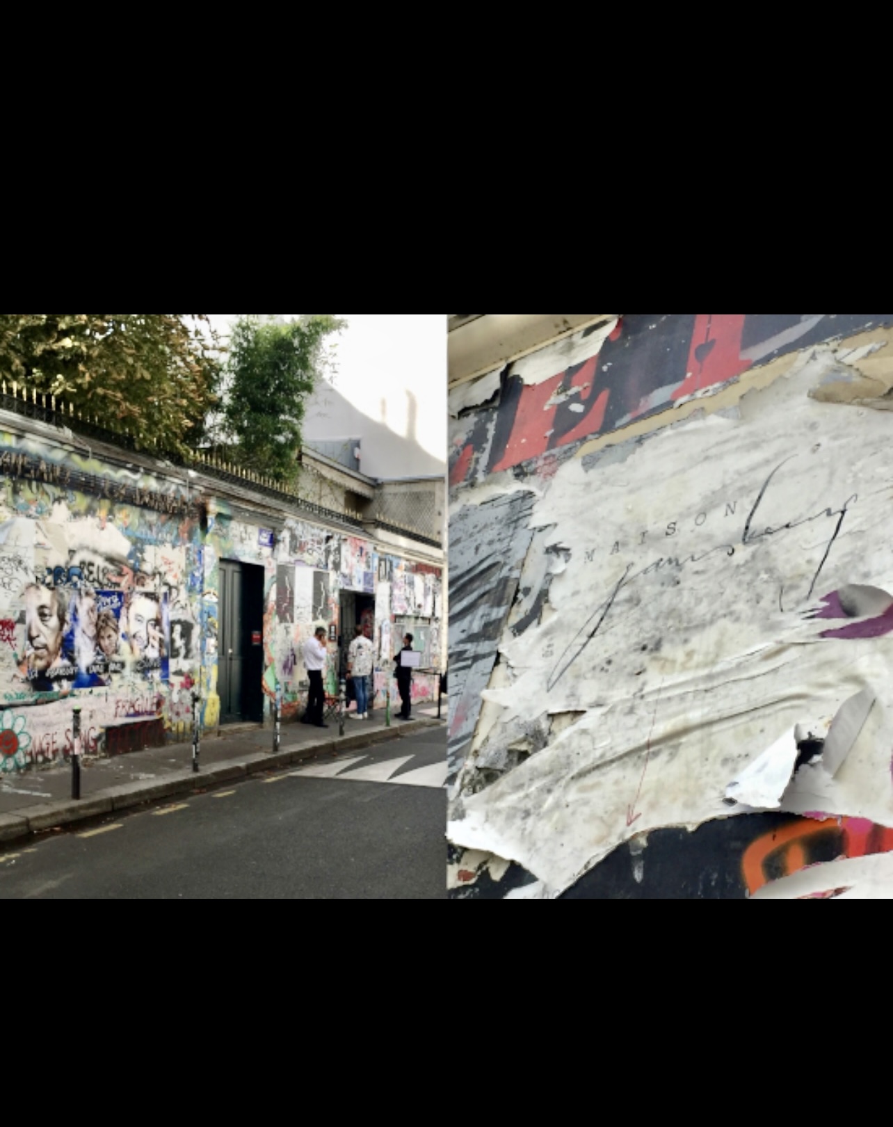 Deux photos d'une rue avec des graffitis, comportant le tag emblématique "Le feu Gainsbarre" de Gainsbourg.