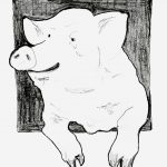 Un dessin en noir et blanc d'un cochon par Stéphane Despatie.