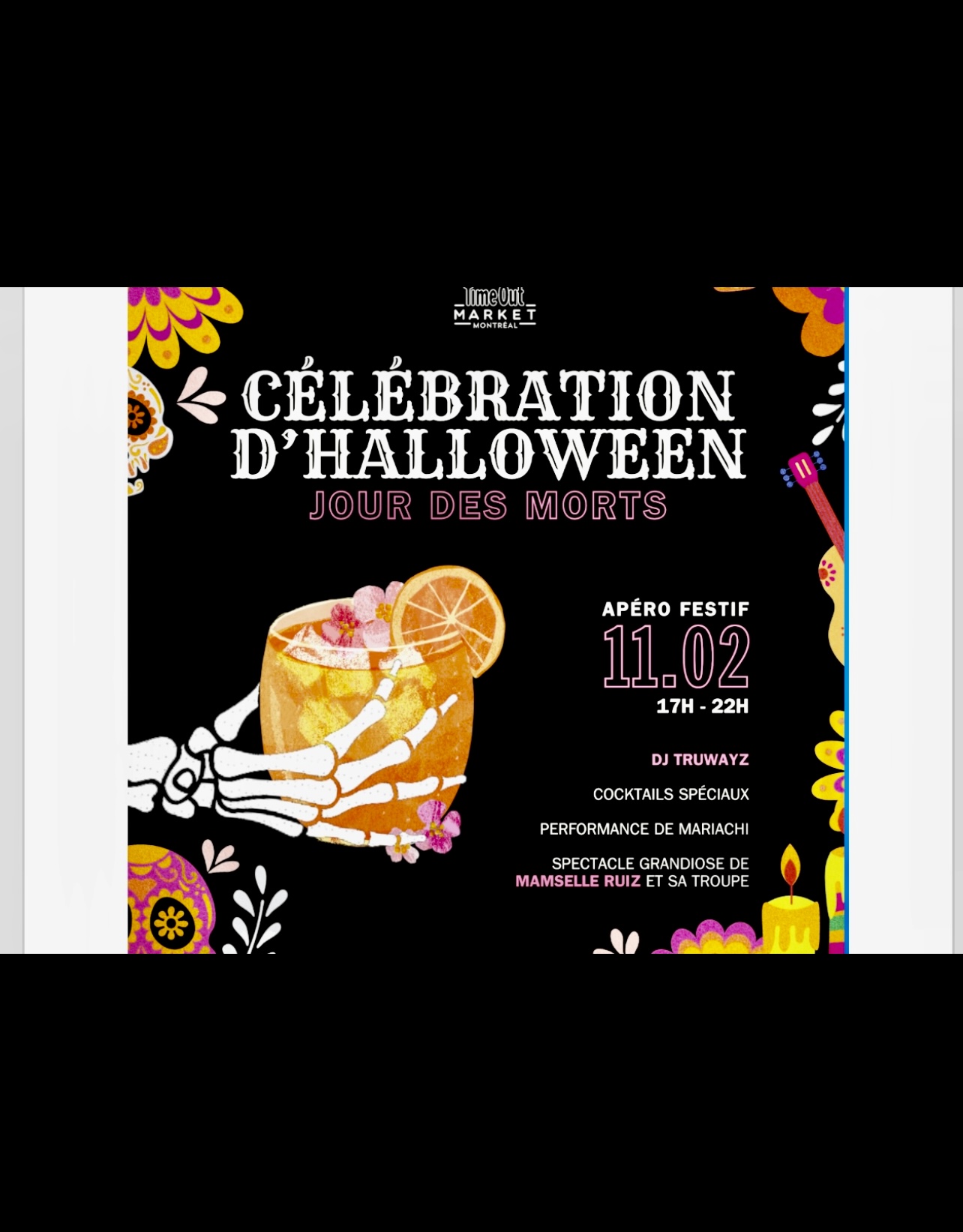 Un flyer pour la célébration d'Halloween avec une touche de Día de Los Muertos.
