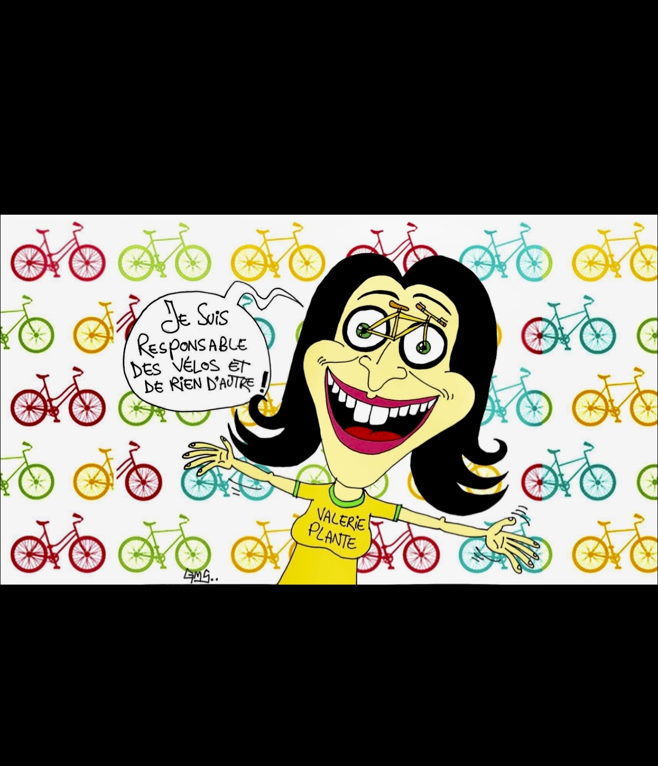 Un dessin animé d'une femme avec un vélo devant elle. Des vélos et rien d'autres!