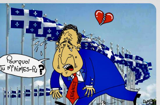 Une caricature d'un homme en costume avec des drapeaux devant lui, représentant la phrase "Pourquoi tu m'aimes-pu ?