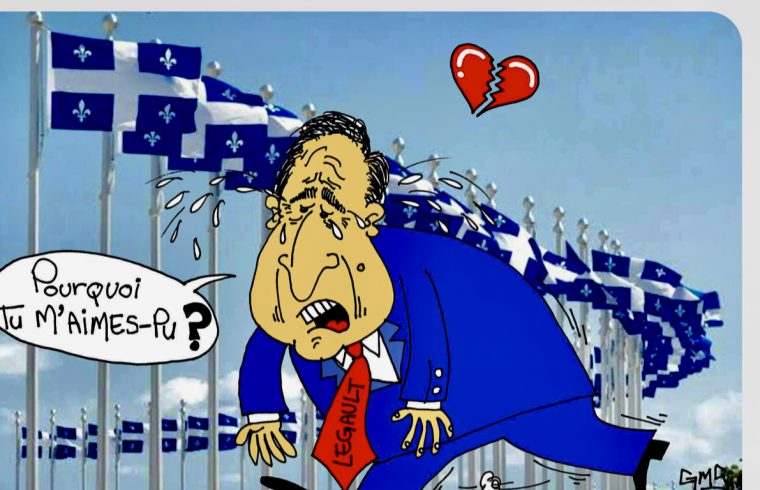 Une caricature d'un homme en costume avec des drapeaux devant lui, représentant la phrase "Pourquoi tu m'aimes-pu ?