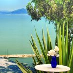 Un vase bleu trône sur une table devant une vue panoramique sur l'océan lors du Salon Tourisme Voyages 2023.