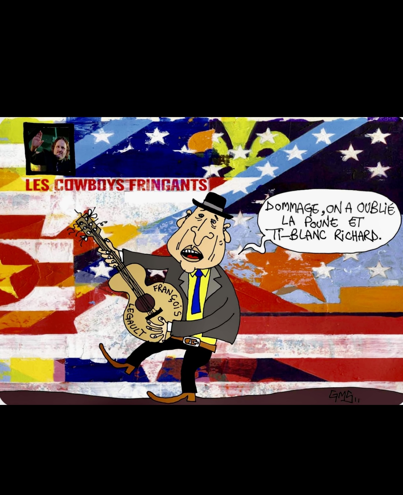 Caricature d'un homme avec une guitare et un drapeau américain, rendant hommage à La Poune.