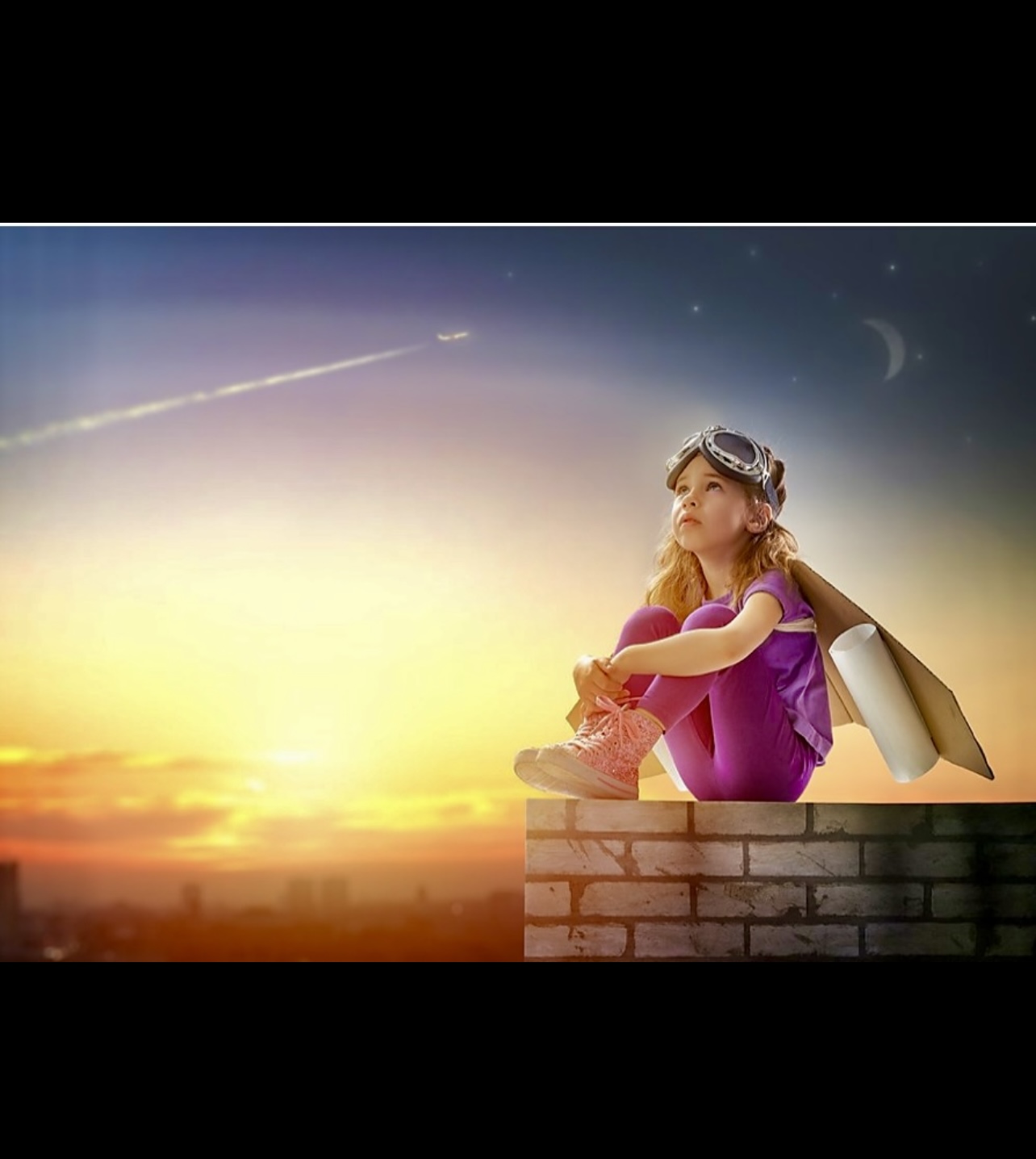 Une petite fille assise sur un mur de briques au coucher du soleil, entourée d'une aura de spiritualité.
