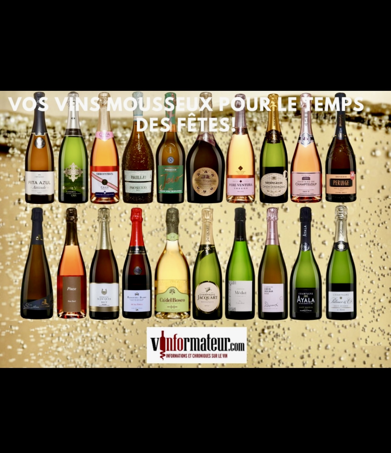 Un groupe de bouteilles de champagne avec les mots « vins de temps de frais ».